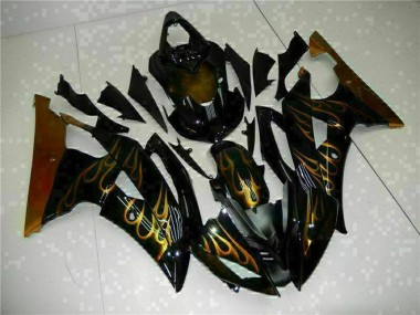 Billige Yamaha YZF R6 Motorrad Verkleidung 2008-2016 - Glanzendes Schwarz Gold Flamme