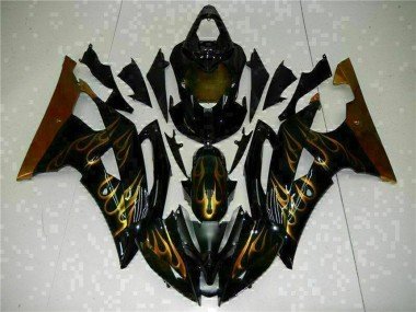 Billige Yamaha YZF R6 Motorrad Verkleidung 2008-2016 - Glanzendes Schwarz Gold Flamme