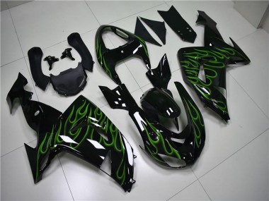 Billige Kawasaki ZX10R Motorrad Verkleidung 2006-2007 - Glanzendes Schwarz Grun Flamme