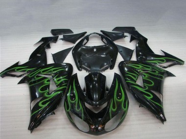 Billige Kawasaki ZX10R Motorrad Verkleidung 2006-2007 - Glanzendes Schwarz Grun Flamme