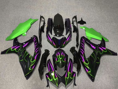 Billige Glänzendes Schwarz Grün Lila Flamme 2008-2010 Suzuki GSXR 600 / GSXR 750 Motorrad Verkleidung