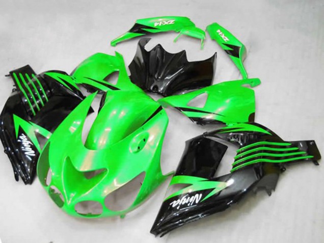 Billige Kawasaki ZX14R ZZR1400 Motorrad Verkleidung 2012-2024 - Grun Glanzendes Schwarz Weiss Ninja