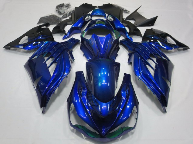 Billige Kawasaki ZX14R ZZR1400 Motorrad Verkleidung 2012-2024 - Blau Glanzendes Schwarz