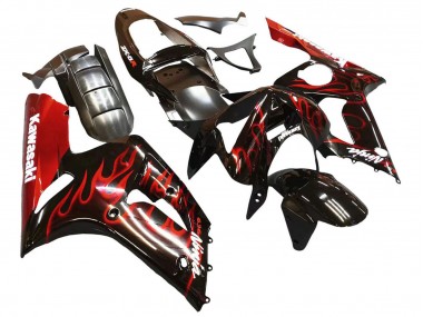 Billige Glänzendes Schwarz Rot Flamme 2003-2004 Kawasaki ZX6R Motorrad Verkleidung