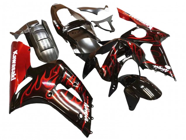Billige Glänzendes Schwarz Rot Flamme 2003-2004 Kawasaki ZX6R Motorrad Verkleidung