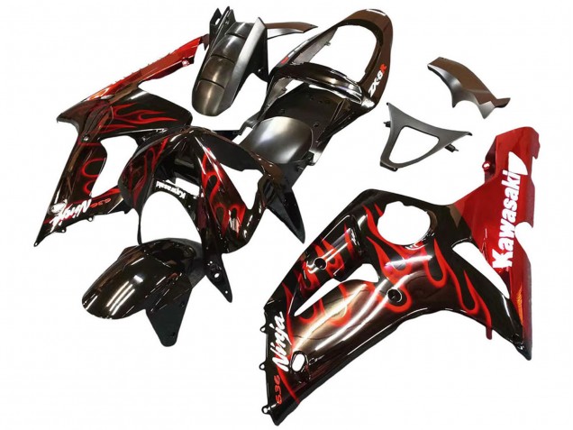 Billige Glänzendes Schwarz Rot Flamme 2003-2004 Kawasaki ZX6R Motorrad Verkleidung