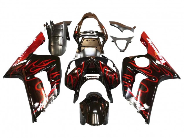 Billige Glänzendes Schwarz Rot Flamme 2003-2004 Kawasaki ZX6R Motorrad Verkleidung