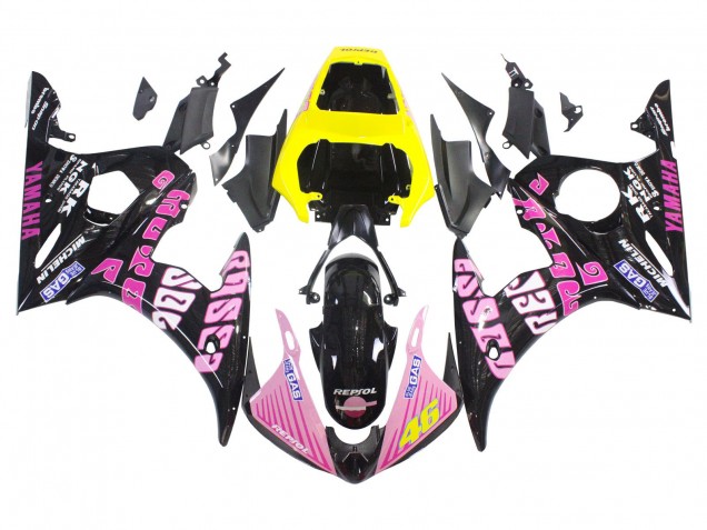 Billige Gelb Rosa Glänzendes Schwarz Rossi Repsol 46 2003-2004 Yamaha YZF R6 Motorrad Verkleidung
