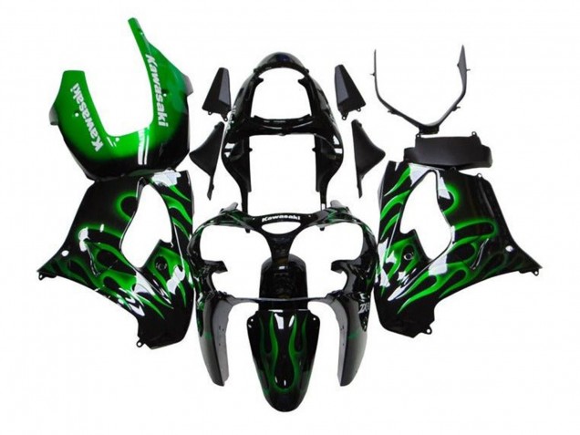 Billige Schwarz Weiß mit Grüner Flamme 2002-2003 Kawasaki ZX9R Motorrad Verkleidung