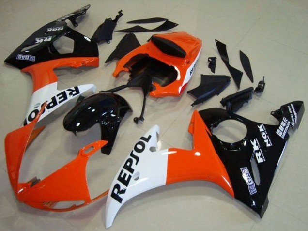 Billige Yamaha YZF R6 Motorrad Verkleidung 2003-2004 - Orange Weiss Glanzendes Schwarz Repsol