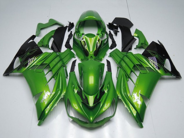 Billige Kawasaki ZX14R ZZR1400 Motorrad Verkleidung 2012-2024 - Grun Glanzendes Schwarz Flamme Weiss Ninja