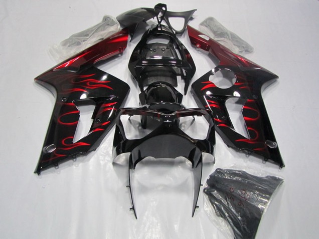 Billige Glänzendes Schwarz Rot Flamme 2003-2004 Kawasaki ZX6R Motorrad Verkleidung