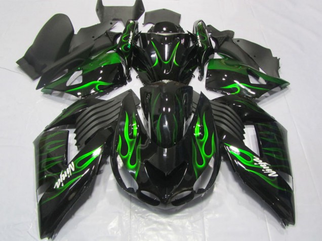 Billige Kawasaki ZX14R ZZR1400 Motorrad Verkleidung 2006-2011 - Glanzendes Schwarz Grun Flamme